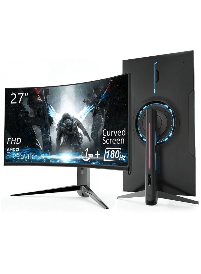 شاشة ألعاب منحنية 27 بوصة، معدل تحديث 180 هرتز، دقة 1920 × 1080 بكسل، زمن استجابة 1 مللي ثانية، تدعم تقنية FreeSync، مزودة بإضاءة خلفية LED، وانحناء 1800R، ومكبر صوت مدمج، وإضاءة خلفية RGB، ومنافذ HDMI وDP وUSB، وحامل قابل للرفع والتدوير. - Image 1